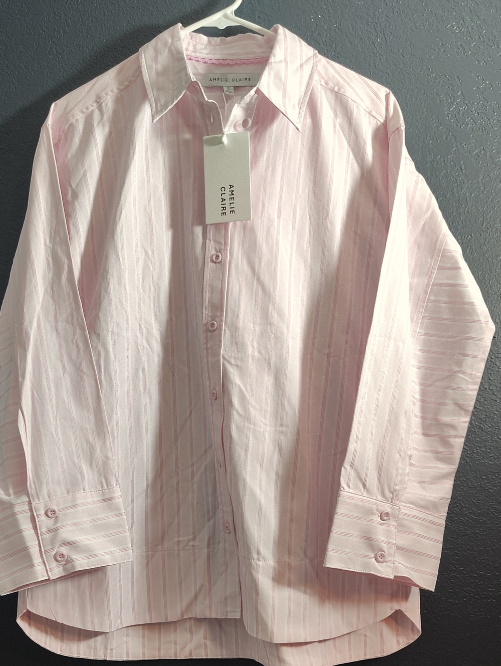 Amelie Claire Light Pink Striped High Low  Button-Down Shirt Small Long Sleeve